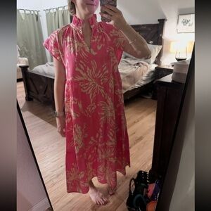 Pink Floral Ruffle-Neck Midi Dress